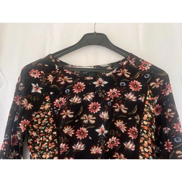 Solitaire Blouse Women’s Small Black Floral Bell Sleeve Peasant Boho Patchwork - Picture 2 of 8